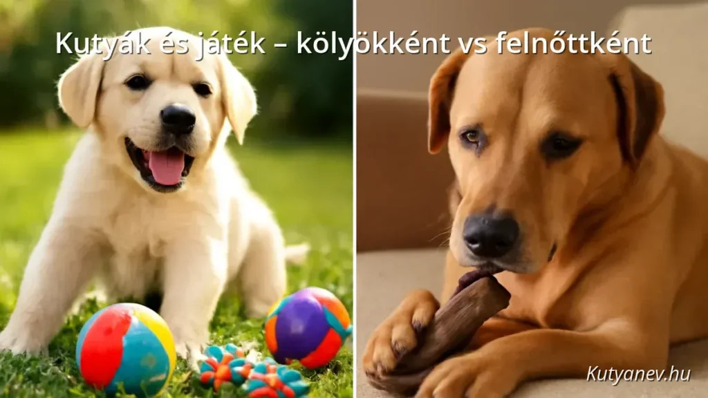Kölyökkutya és felnőtt kutya játék közben